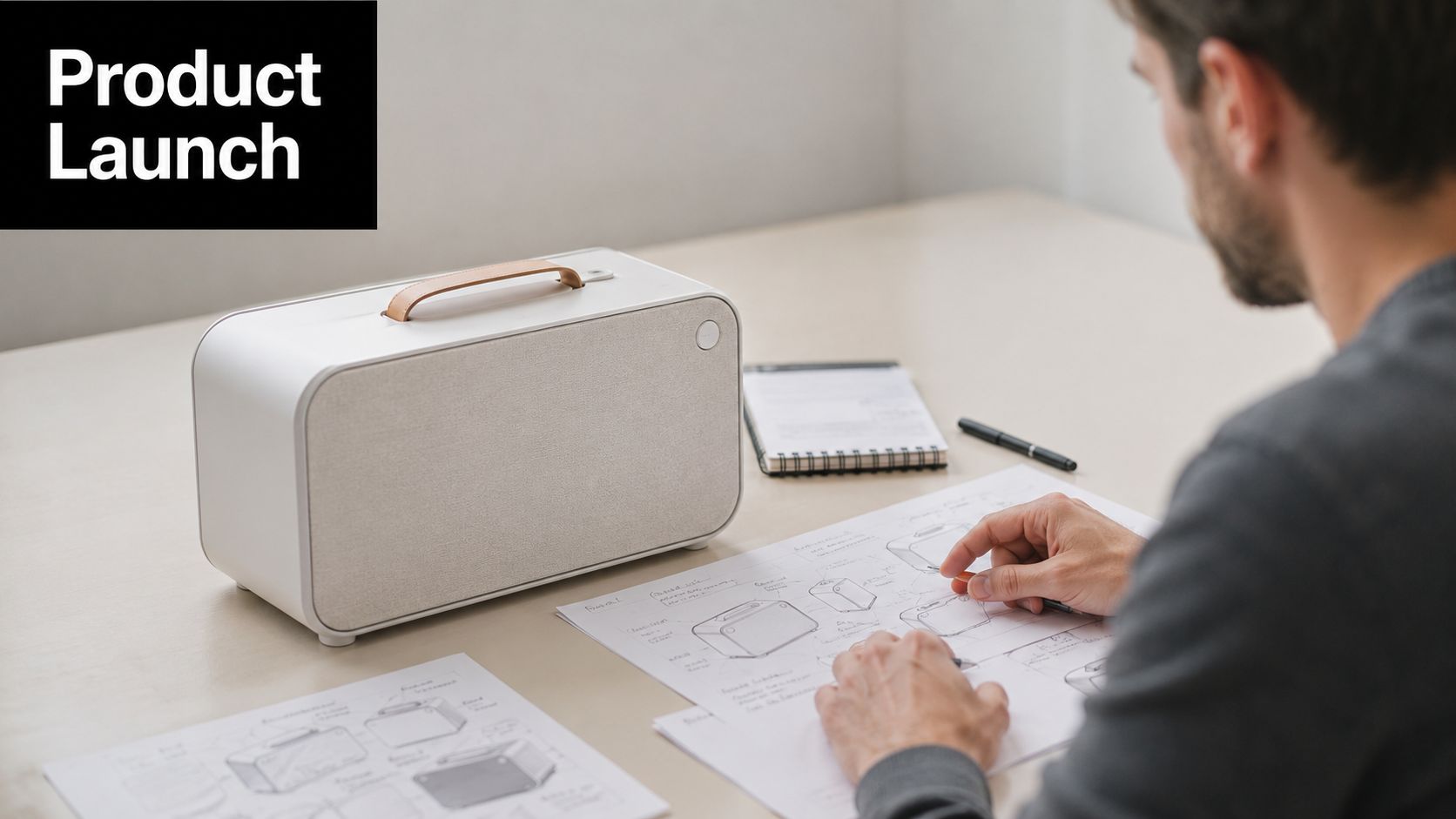 A product designer sketching concepts of a modern white portable speaker at a minimalist workspace desk.