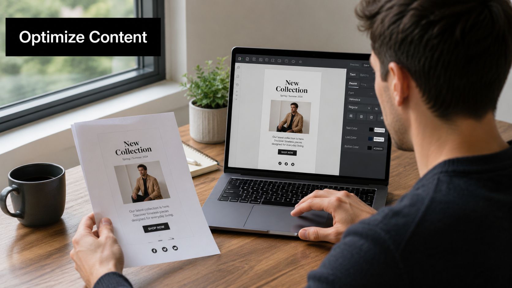 A professional designer working on an email marketing campaign layout using a laptop at his desk.