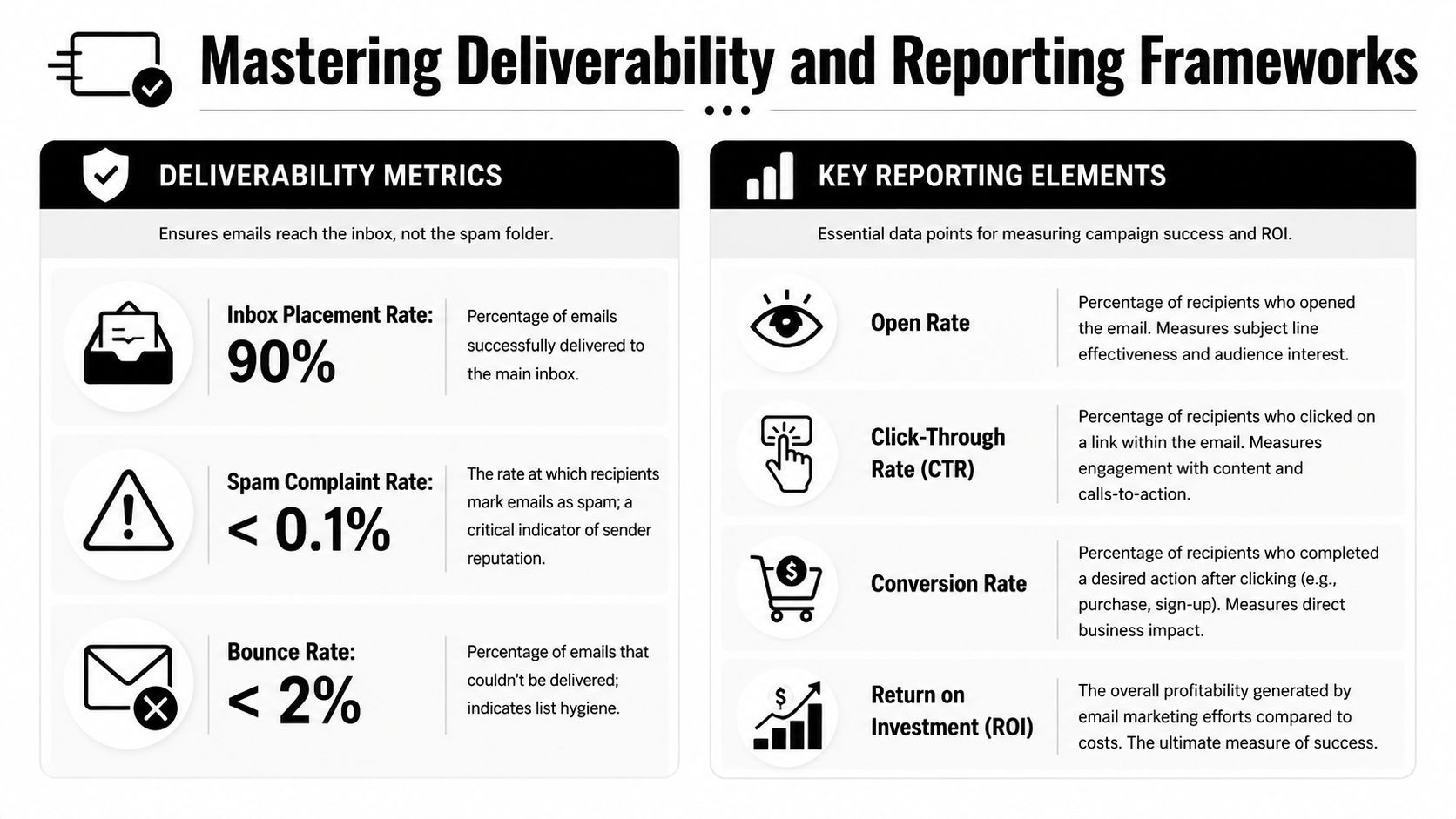 An infographic illustrating email deliverability metrics and key performance reporting elements for successful email marketing campaigns.
