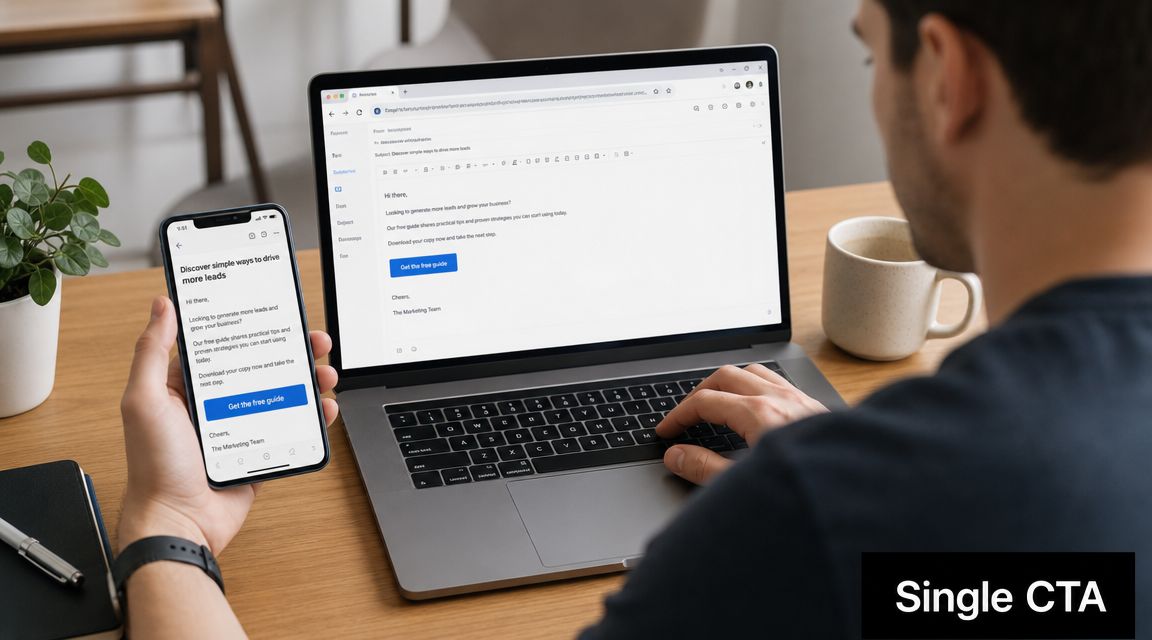A person viewing an email marketing campaign with a single call to action on both laptop and phone.