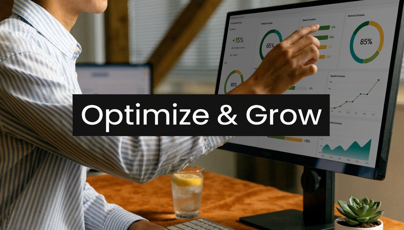 A professional analyzing business growth data on a computer monitor with an overlay text Optimize and Grow.