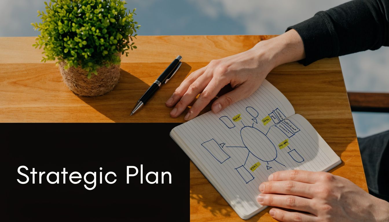 A person writing a strategic plan in a notebook on a wooden desk with a small plant.